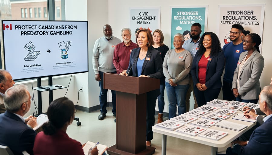 Citizens participating in town hall meeting with raised hands asking questions