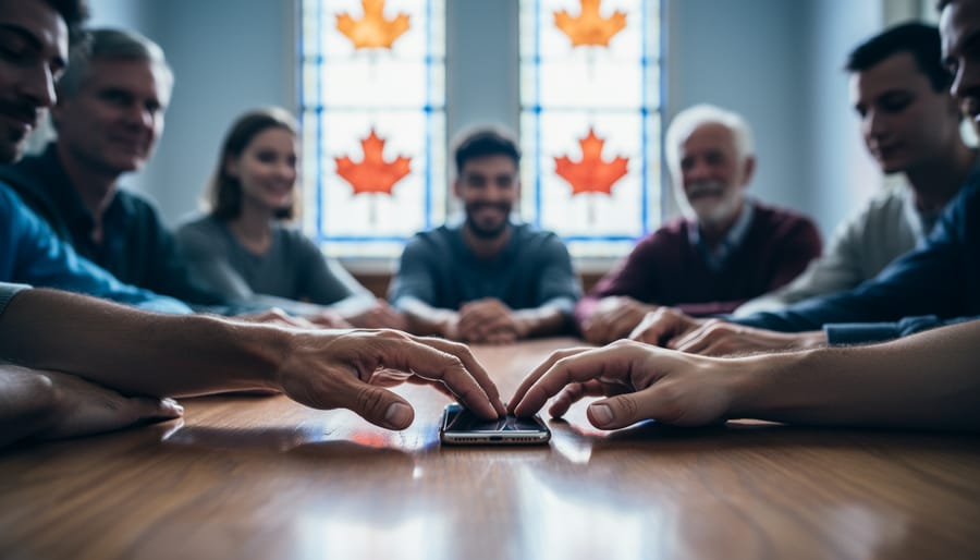 Supportive hands from a diverse community surround a person placing a smartphone face down on a table in a church hall, with softly blurred stained glass behind them, representing faith and community protecting Canadians from online gambling risks.