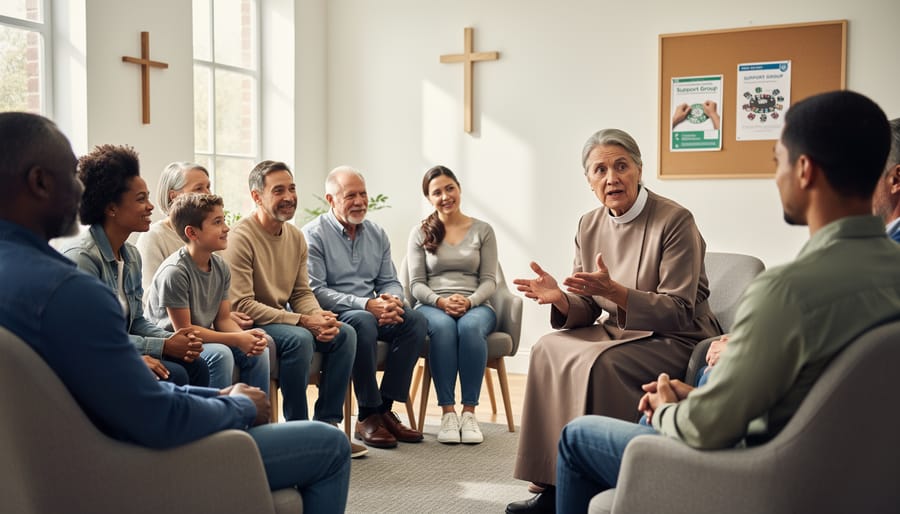 Diverse group of people holding hands in circle at community support meeting