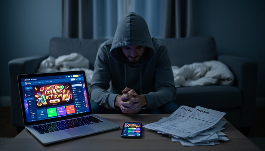 Person holding smartphone with betting app next to credit cards and empty wallet