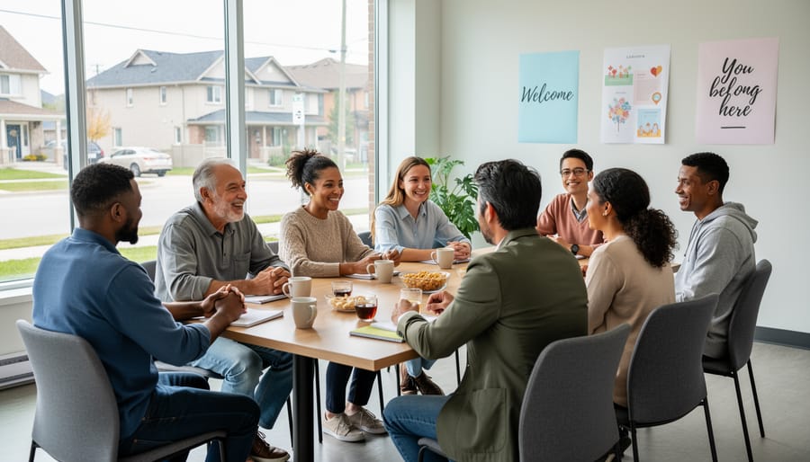 Diverse group of people engaged in warm conversation in a welcoming community center setting