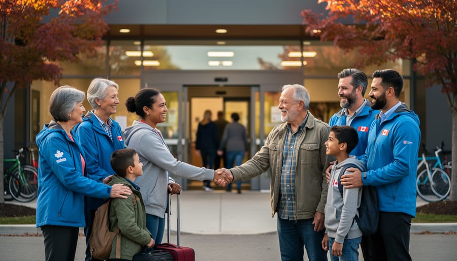 Diverse volunteers greet a refugee family with a warm handshake outside a community center at golden hour, children nearby and maple trees softly blurred in the background.