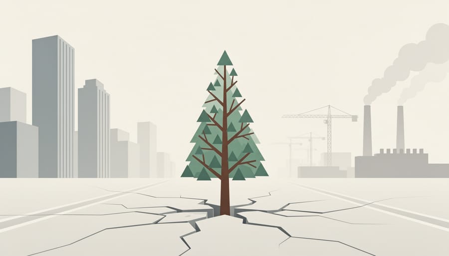 Cedar tree with carved bark marks and a braided cord tied around it, with softly blurred neighborhood background.