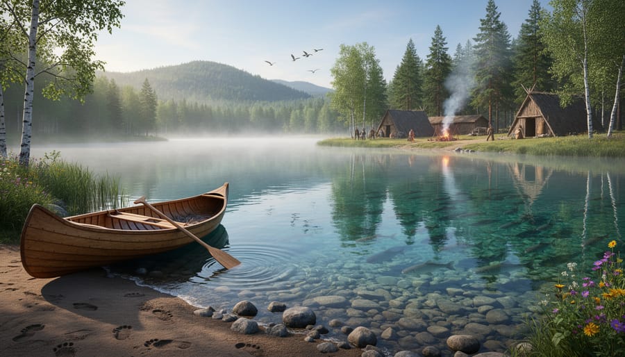 Freshwater stream with mossy rocks and a canoe resting along the shore in a forested landscape.