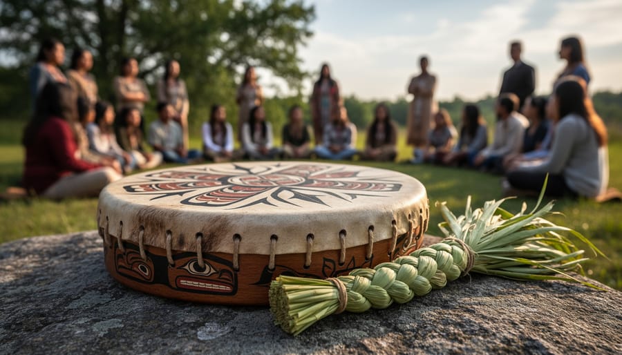 Indigenous knowledge-keeper holding a handcrafted drum and sweetgrass during an outdoor gathering.