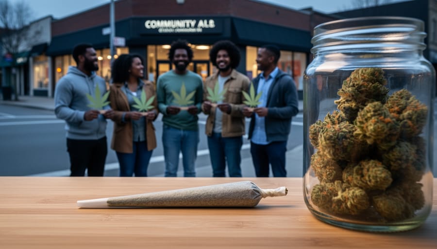 Diverse Black and Indigenous community members gather near a church-like community hall at dusk, with a THCA pre-roll and a jar of dried cannabis in the foreground on a wooden surface.