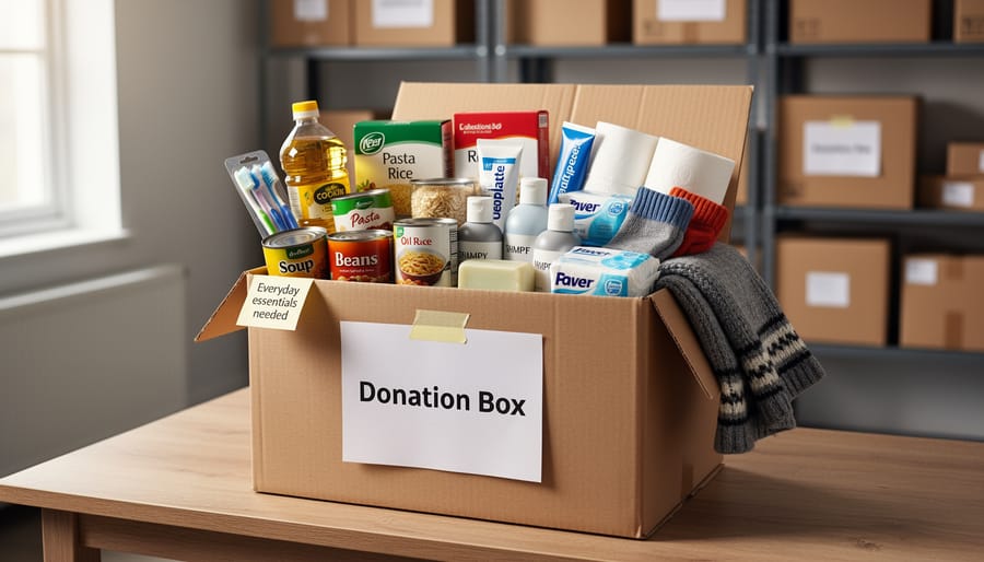 Close-up of an open donation box containing folded socks, hygiene items, and gloves.