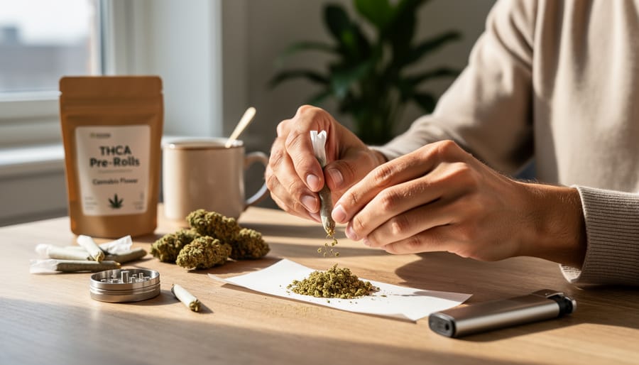 Close-up of hands rolling a cannabis pre-roll using green flower and rolling paper