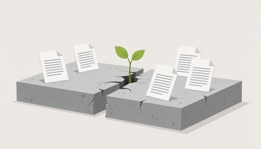 Courthouse doors in the background with crumpled documents and a small green plant growing from cracked concrete