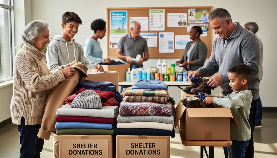 Donation drive setup at a community center with stacked winter coats and volunteers preparing supplies.