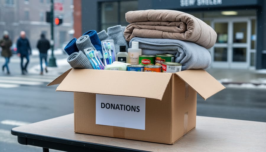 An open donation box filled with socks, hygiene products, non-perishable food, and folded bedding on a shelter donation table in a winter setting