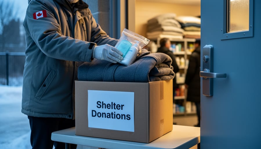 A volunteer placing toiletries and a folded winter coat into a donation box near a warmly lit homeless shelter entrance.