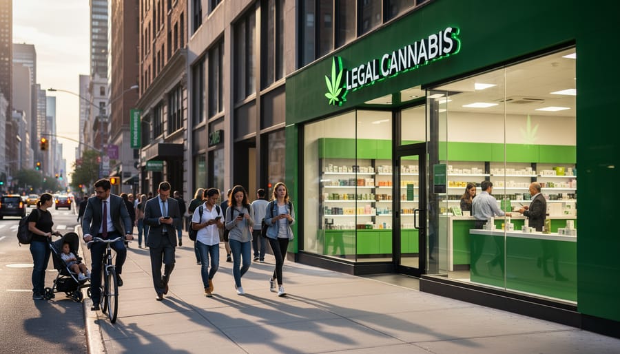 People walking past a cannabis retail storefront at dusk in Canada