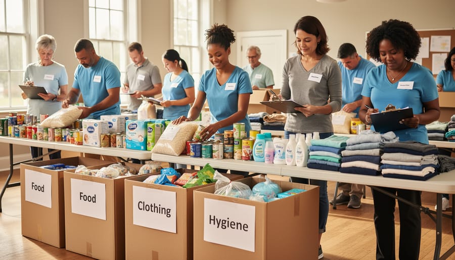 Volunteers sorting hygiene and clothing donations on a table inside a community hall.