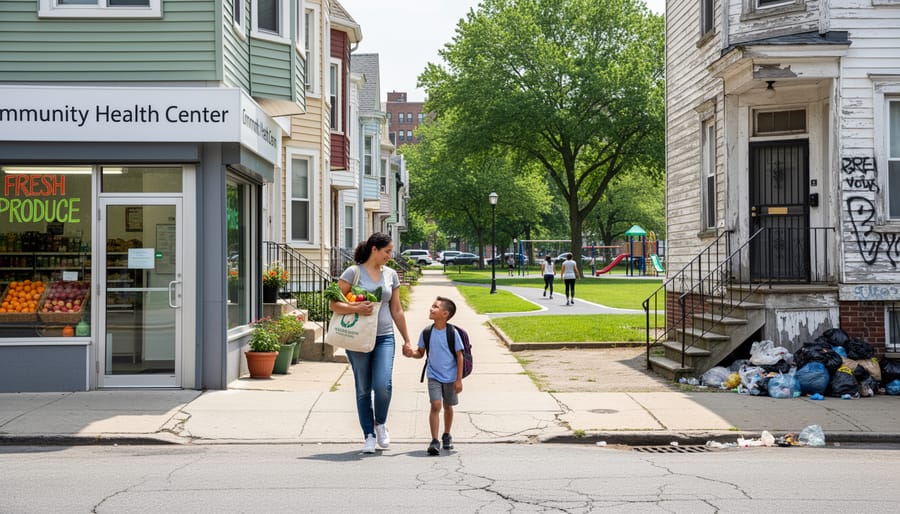 Family standing outside a modest rental apartment building in a Canadian neighborhood