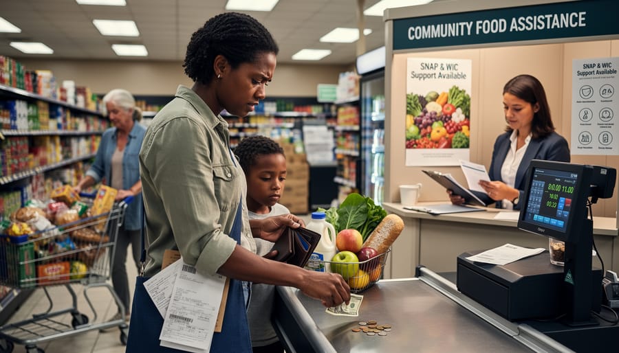 Fresh produce and pantry staples displayed on shelves in a community food support setting