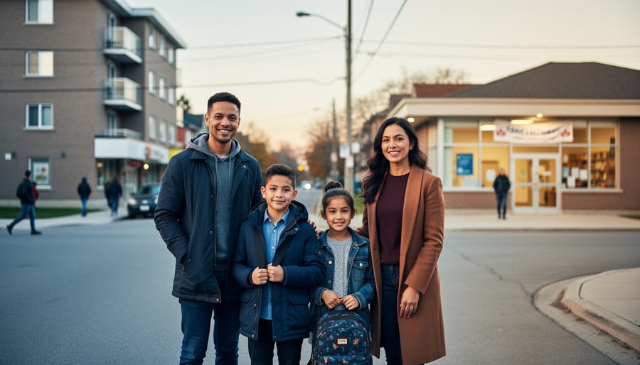 Diverse Canadian family standing in an urban neighborhood street scene with subtle lighting contrast suggesting differences in living conditions and health opportunities.