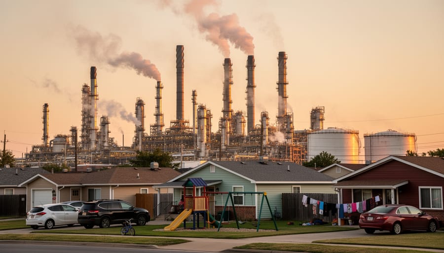 Industrial petrochemical facility with smoke plumes at dusk under a hazy sky.