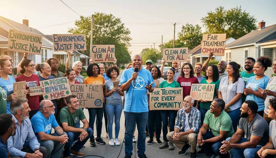 People standing together outdoors during a community solidarity gathering with handmade signs.