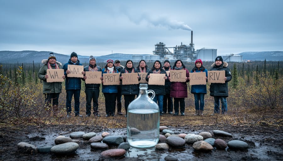 A diverse group of community organizers stands outdoors holding blank protest signs near a water-focused foreground, with distant industrial smoke suggesting environmental harm in Canada.