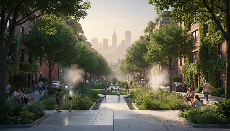 Lush urban pocket park with trees and a community garden bed under an overcast sky.