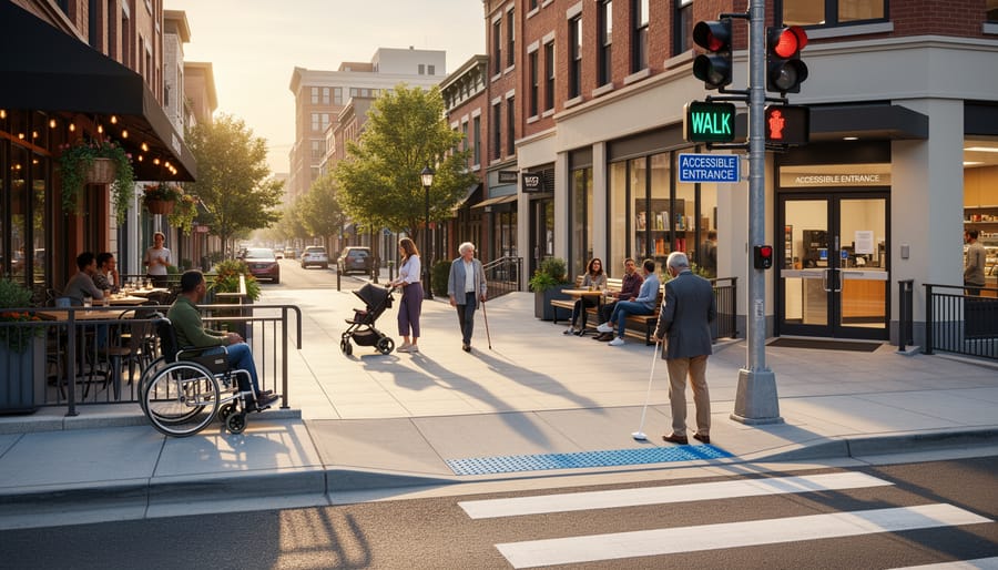 Wheelchair user and caregiver moving along an accessible curb cut near a community center