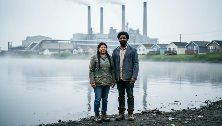 Two community members stand together near a polluted waterway with industrial facilities in the background, symbolizing environmental justice and solidarity in Canada.