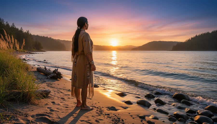 Indigenous community leader holding a fishing net beside a shoreline at sunrise