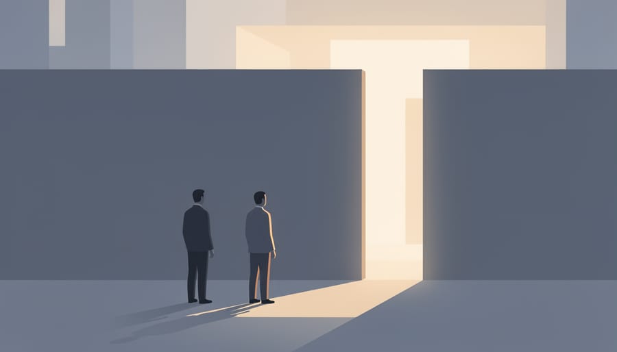 Dim hallway with a partially open door letting warm light into a brighter room