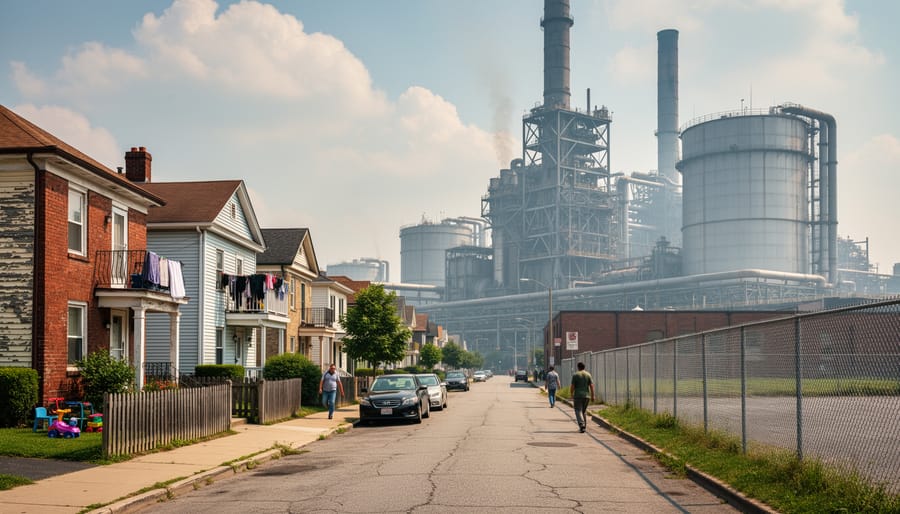 Apartment building in an urban neighborhood with industrial facilities in the distant background under an overcast sky