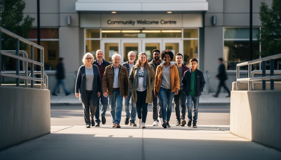 “A diverse group of Canadians walking toward a bright community entrance, with shadows and barriers at the edges of the scene symbolizing marginalization.”
